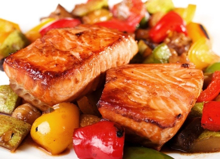 Teriyaki Glazed Salmon and Vegetable Roast